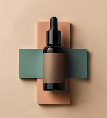 Background, mock up for placing products. Bottle on a cross-shaped stand with green and orange color blocks. The bottle has a blank label, and the overall aesthetic is minimalist and modern