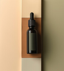 Glass bottle with a black dropper cap, placed on a wooden surface. The background features a minimalist design with rectangular sections in shades of beige, brown, and green