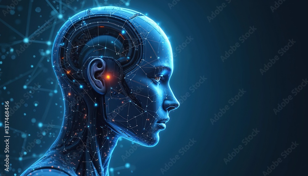 Poster abstract robot depiction with artificial intelligence features biometric scanning, face recognition 