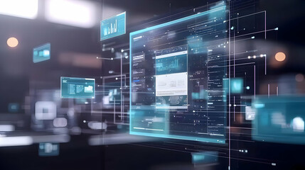 Fototapeta premium Futuristic Transparent Holographic Display Of Data Analysis With Blurred Background In Blue And White