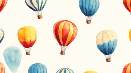 Colorful airballoon, pattern, air transport for travel, leisure and entertainment, design, flat style vector illustration. Bright seamless pattern textile industry, balloons flying across sky outdoor.