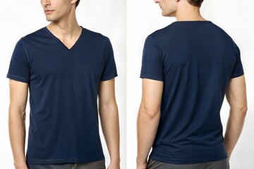 Navy Blue V-Neck T-Shirt Front and Back View