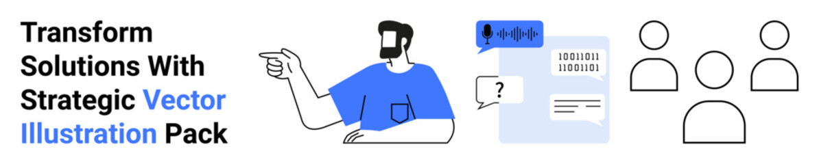 Person gesturing with speech bubble, question mark, document, and group of people icons indicating communication, teamwork, and strategy. Ideal for business, planning, collaboration leadership