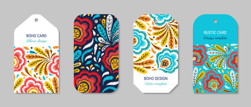 Rustic style tags ornate with embroidered beautiful flowers. Ethnic design embroidery colorful card set. Folk vintage floral labels. Hangtag template design collection. EPS 10 vector illustration.