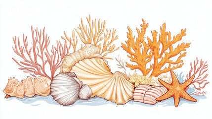 Obraz premium Sea shells marine cartoon clam-shell and ocean starfish coralline vector illustration.
