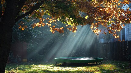 Autumn sunlight beams through tree branches onto a green trampoline in a yard