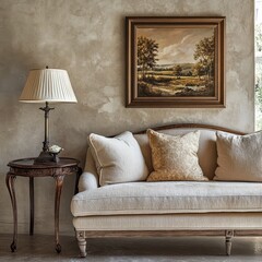 A cozy interior features a sofa and a lamp next to art