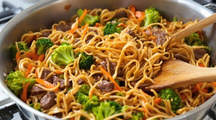 Stir-fried noodles with broccoli, carrots, and beef in a pan, vibrant and appetizing, set in a kitchen setting. Concept of Asian cuisine. Ai generative
