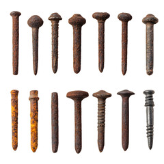 Set old rusty metal nail isolated on white or transparent background, design elements