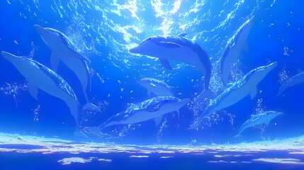 Naklejka premium Dolphins leaping joyfully in ocean, sunny sky, underwater scene, perfect for travel brochures
