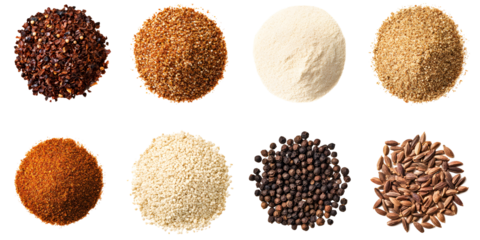Set mix seasoning, spicy chili pepper flakes, coriander seeds, Tikka masala spice powder mix, sumac, caribbean curry pile, milled linseed, Anise seeds spice, on white or transparent background