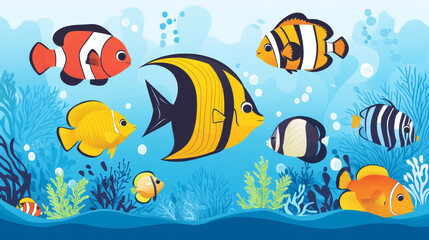Naklejka premium Exotic tropical aquarium fish different colors underwater ocean species aquatic nature flat vector illustration