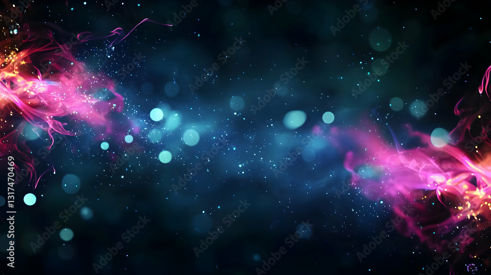 Poster vivid abstract background with pink and blue clouds of interstellar dust and glowing particles in a 