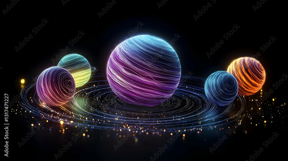 Aufkleber a vibrant illuminated colorful abstract 3d rendering depiction of planets in a solar system with glo