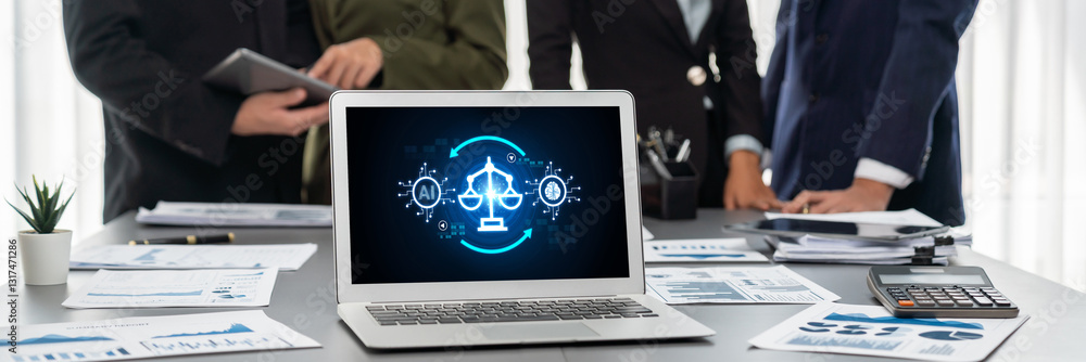 Poster ai ethics responsibility standard law and rules on computer screen provide report of ai ethic transp