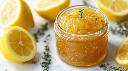 Close-up on sweet lemon honey white background