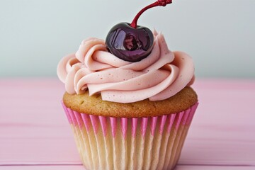Cupcake with pink frosting and a cherry topping