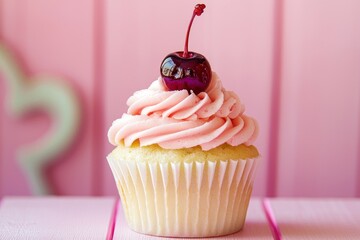 Vanilla cupcake topped with pink frosting and a cherry on a pink surface