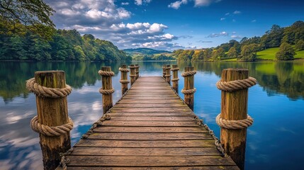 Obraz premium Wooden pier extending into a tranquil lake, surrounded by lush greenery