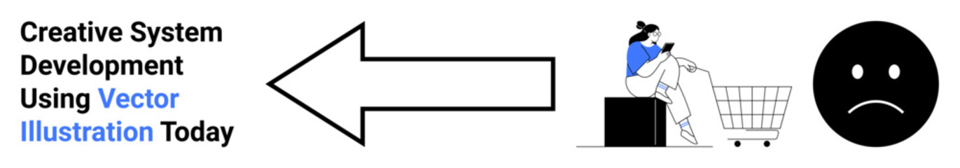 Woman sitting with an empty shopping cart, large arrow pointing left, sad face on right. Ideal for e-commerce challenges, customer satisfaction, UX, problem-solving, technology impact, marketing