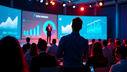 Business Conference Presentation Audience Charts Graphs Data Analytics Modern Technology Corporate Meeting Professional Speaker Financial Report      
