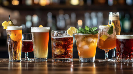 Alcohol drinks cards beverages cocktail bottle lager print drunk different glasses vector flayer layout, card design.