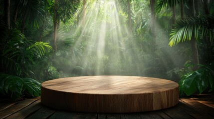 A wooden platform illuminated by soft sunlight beams in a lush jungle setting, perfect for presentations, product displays, or nature-themed projects that require an organic aesthetic,