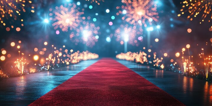 Spectacular event with red carpet and vibrant fireworks illuminating the night in a festive atmosphere