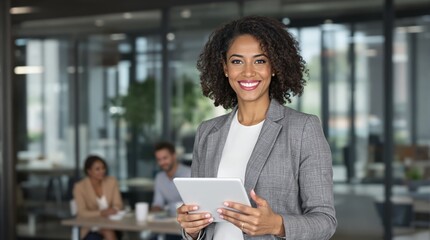 Confident woman in business attire holding a tablet, standing in a modern office. Blurred colleagues working in the background. Concept of leadership. Ai generative