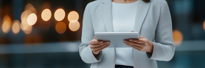 A woman wearing a gray jacket and white shirt is holding a tablet in her hand. Concept of modernity and technology, as the woman is using a tablet while standing in a city setting