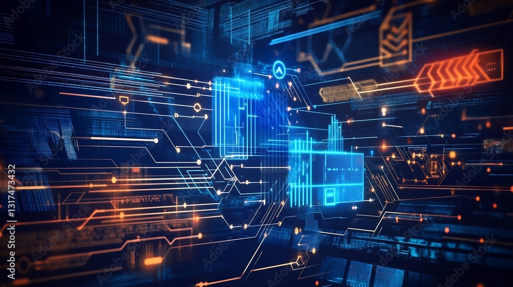 Poster infographic of fintech featuring futuristic pattern symbolic arrow digital financial solution