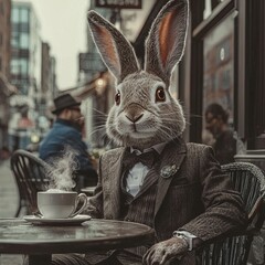 A dapper bunny character in a suit sits at an outdoor caf&eacute;, sipping coffee while exuding charm and whimsy, blending anthropomorphism with a stylish atmosphere in an urban setting.