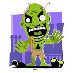 Cartoon zomby. Design for print, sticker, party decoration, logo, emblem, magazine prints or journal article, t-shirt design, poster. Vector illustration of Halloween cool zomby