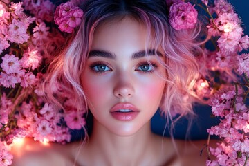 Naklejka premium Spring mood, dark night and warm mystic light - complementary lighting. Pretty caucasian young woman surrounded by cherry blossoms. Commercial conceptual art.