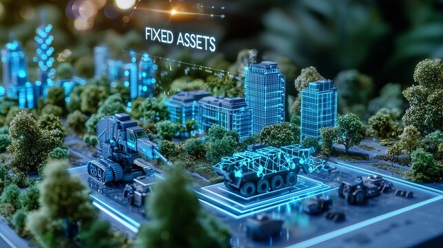 A futuristic representation of fixed assets with digital elements and urban structures, showcasing modern technology.