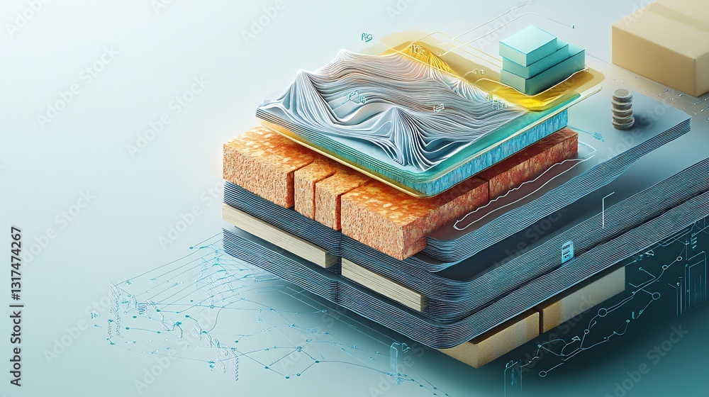Poster Infographic of supply chain ecommerce showcasing layered textures symbolic pathways representing inventory flow