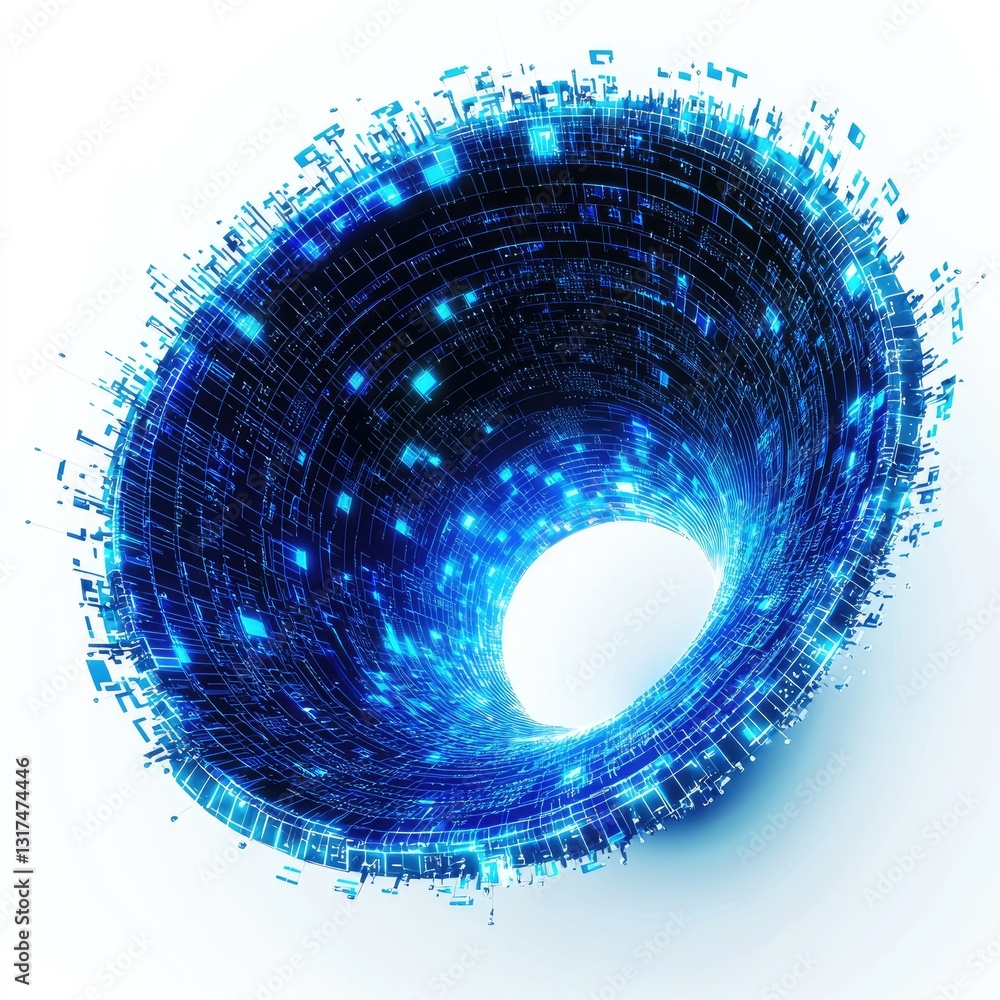 Poster a d digital spiral of pixels and light, isolated on a white background for a modern tech design