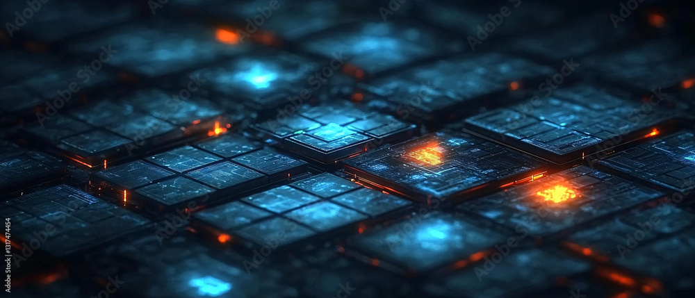 Aufkleber a futuristic digital grid composed of illuminated blue and orange tiles representing data flow and c