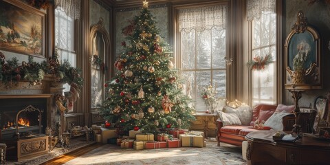 A decorated living room features a Christmas tree and presents