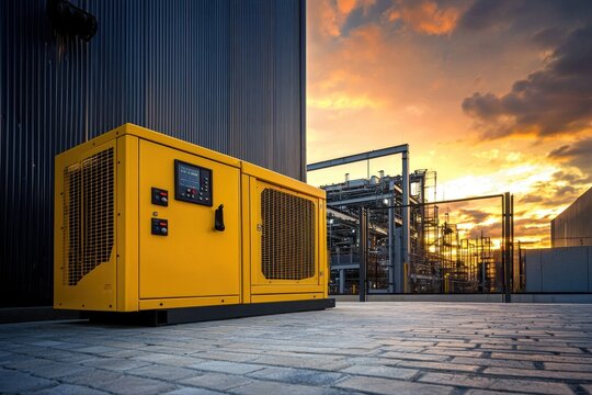 Outdoor yellow generator system next to building, industry equipment and sky