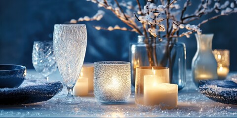 Winter themed decorative table setting with candles and glassware present