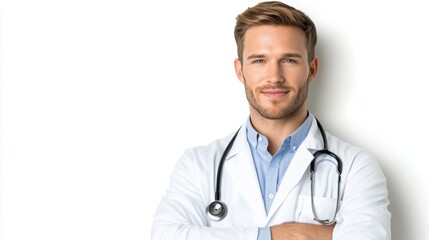Fototapeta premium A confident young doctor in a white coat smiles, showcasing professionalism and approachability, ideal for health-related articles, medical websites, or promotional materials,