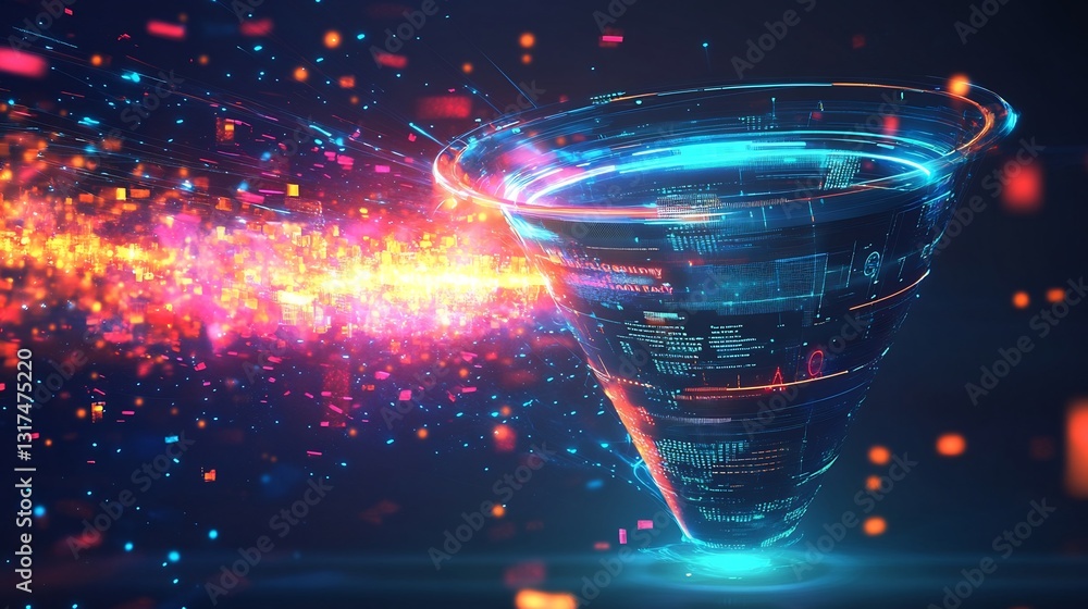 Poster lead generation funnel shown futuristic glowing structure vibrant energy core scattered digital elem
