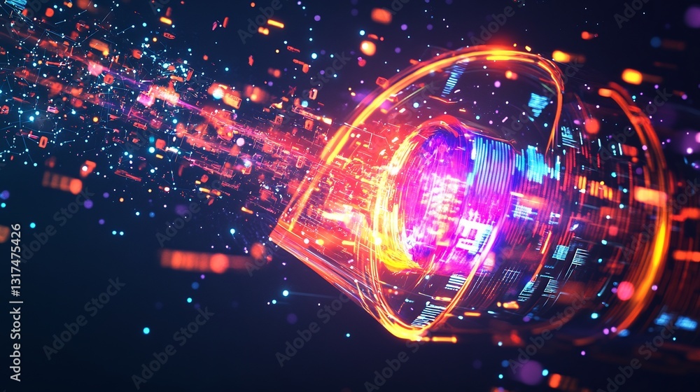 Poster lead generation funnel shown futuristic glowing structure vibrant energy core scattered digital elem