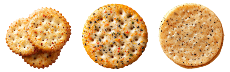 Isolated Round Crackers with Various Toppings on Transparent Background