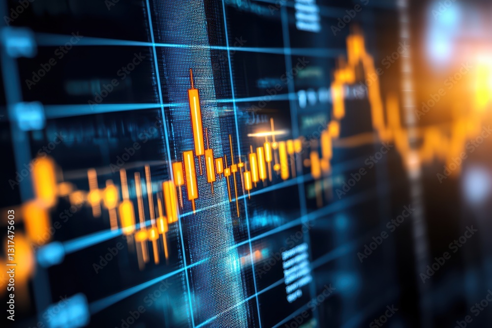 Poster financial data analysis with charts and graphs displayed on digital screen in a modern setting