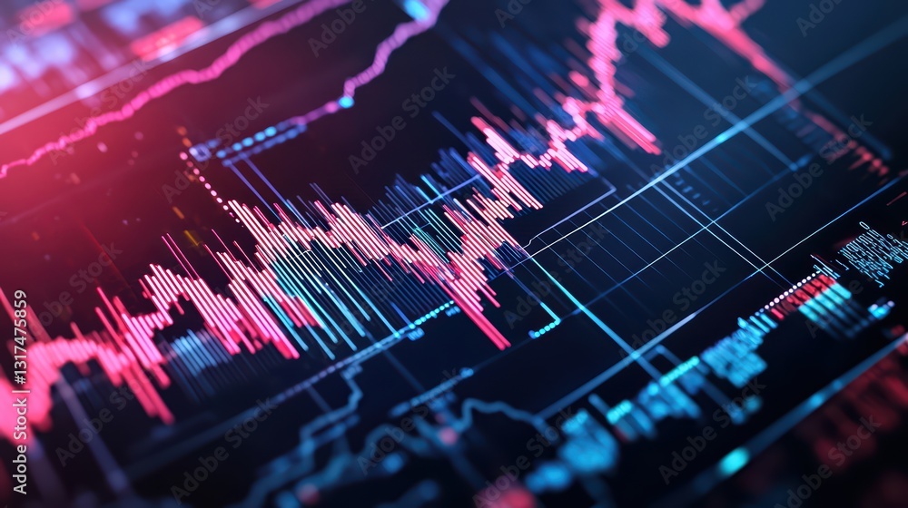 Poster futuristic floating holographic stock market chart with colorful data visualizations