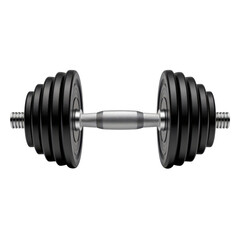 Single dumbbell with multiple black weights attached on each side with threaded ends with a silver handle isolated on transparent background
