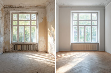 Fototapeta premium Before and after showcase of an empty room, highlighting notable changes with fresh paint and improved lighting for a welcoming atmosphere