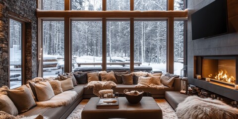 Luxurious Living Room Interior Featuring a View of a Snow Covered Landscape